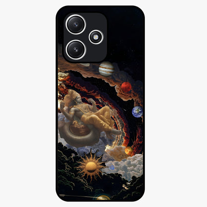Galactic Divine God Glass Case showing flat back view with divine cosmic themed artwork and glossy glass finish.