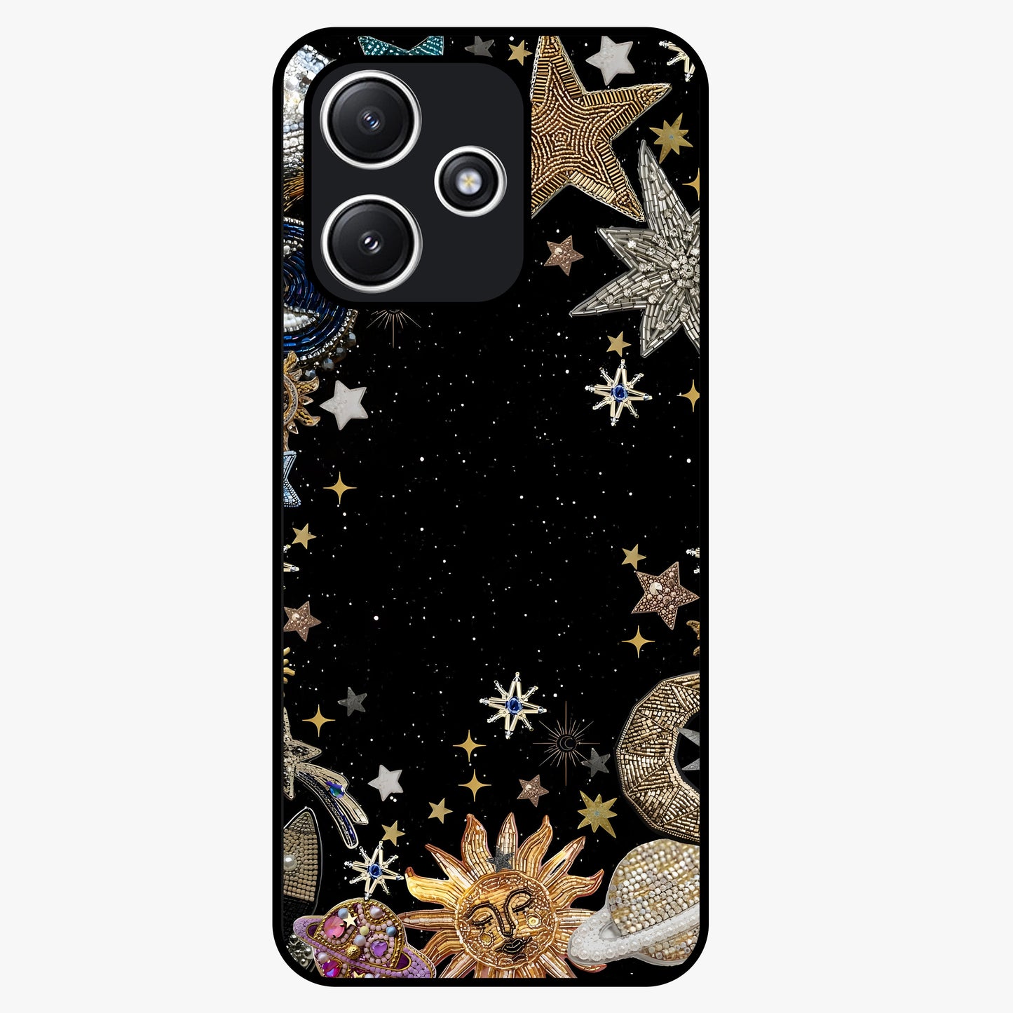Galactic Jewel Stars Glass Case showing flat back view with sparkling star jewel artwork and glossy glass finish.