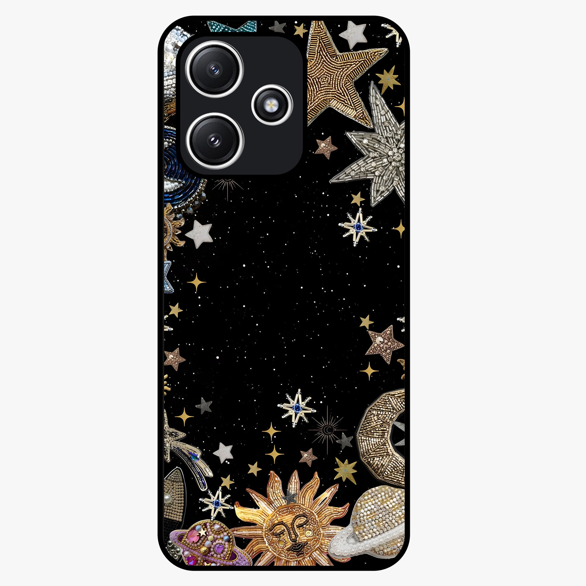 Galactic Jewel Stars Glass Case showing flat back view with sparkling star jewel artwork and glossy glass finish.