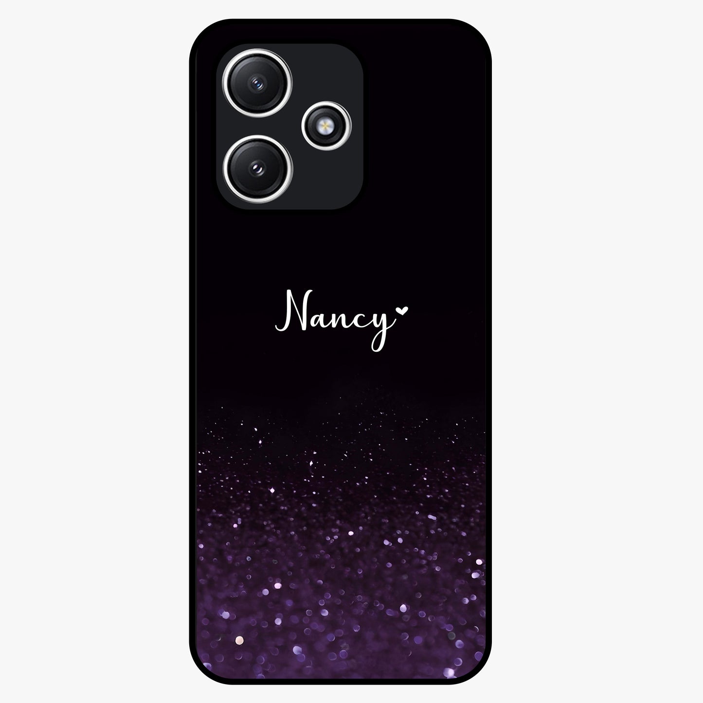 Glittery Purple Bokeh Custom Name Glass Case showing flat back view with purple bokeh sparkle artwork and personalized name design.