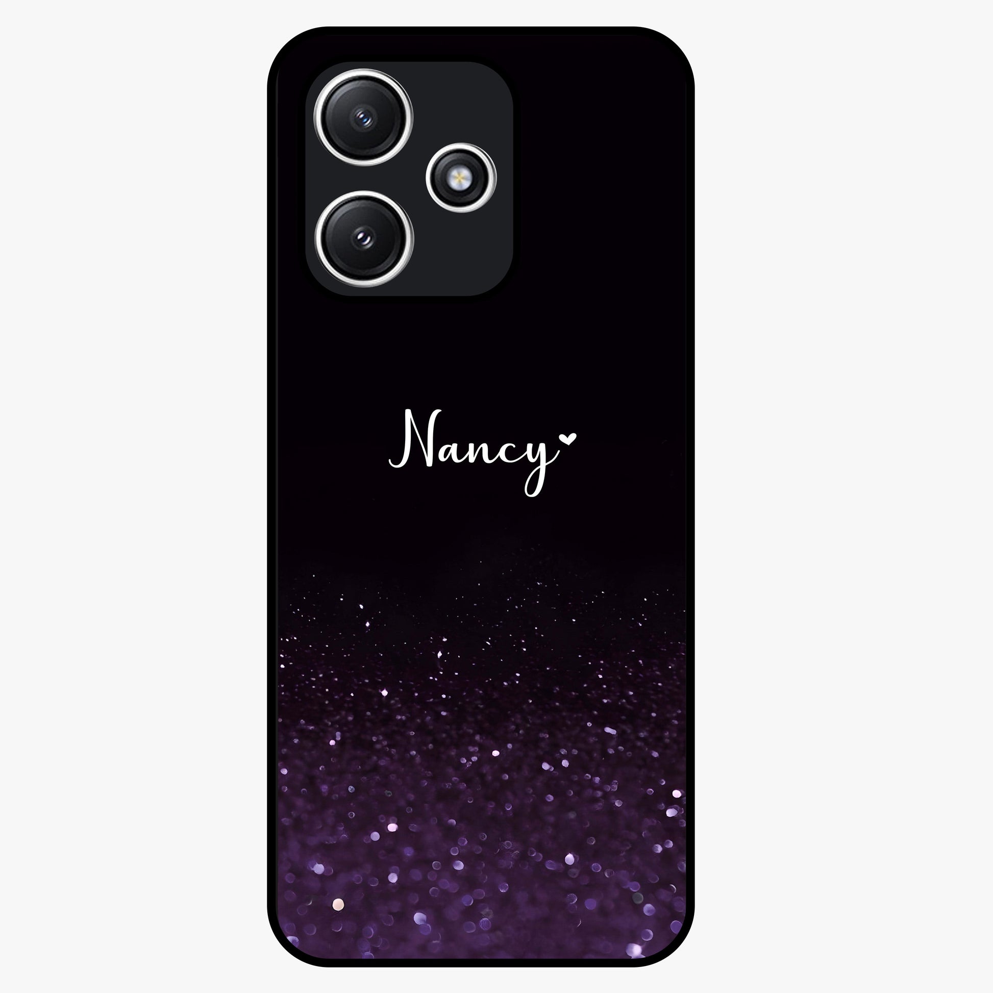 Glittery Purple Bokeh Custom Name Glass Case showing flat back view with purple bokeh sparkle artwork and personalized name design.