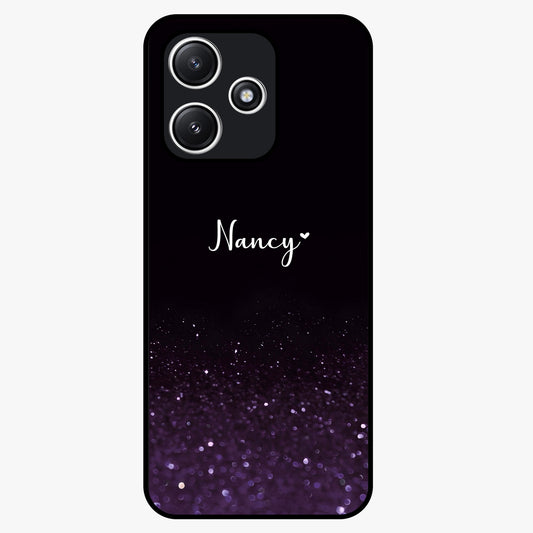 Glittery Purple Bokeh Custom Name Glass Case showing flat back view with purple bokeh sparkle artwork and personalized name design.