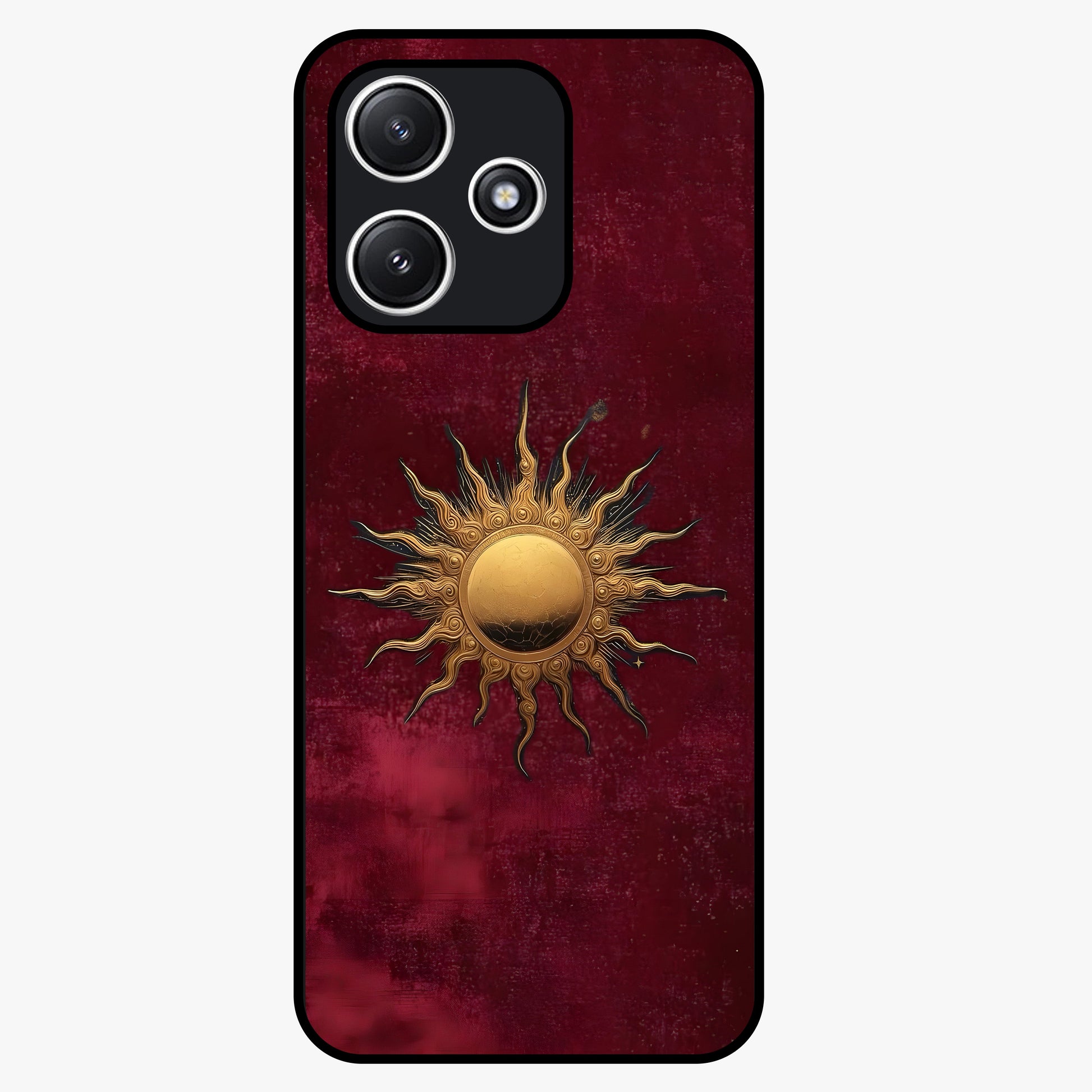 Gold Sun Blush Glass Case showing flat back view with golden sun inspired artwork and glossy glass finish.