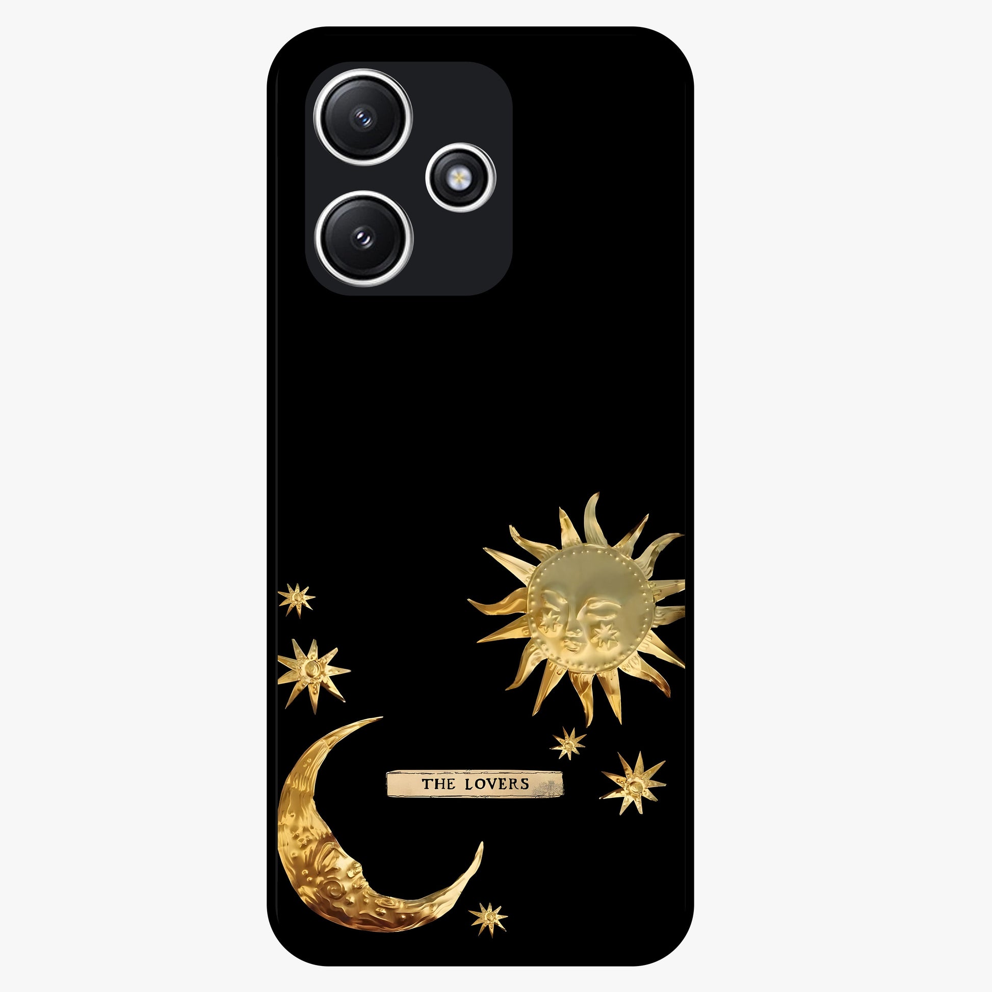 Golden Celestial Charm Glass Case showing flat back view with golden celestial charm artwork and glossy glass finish.