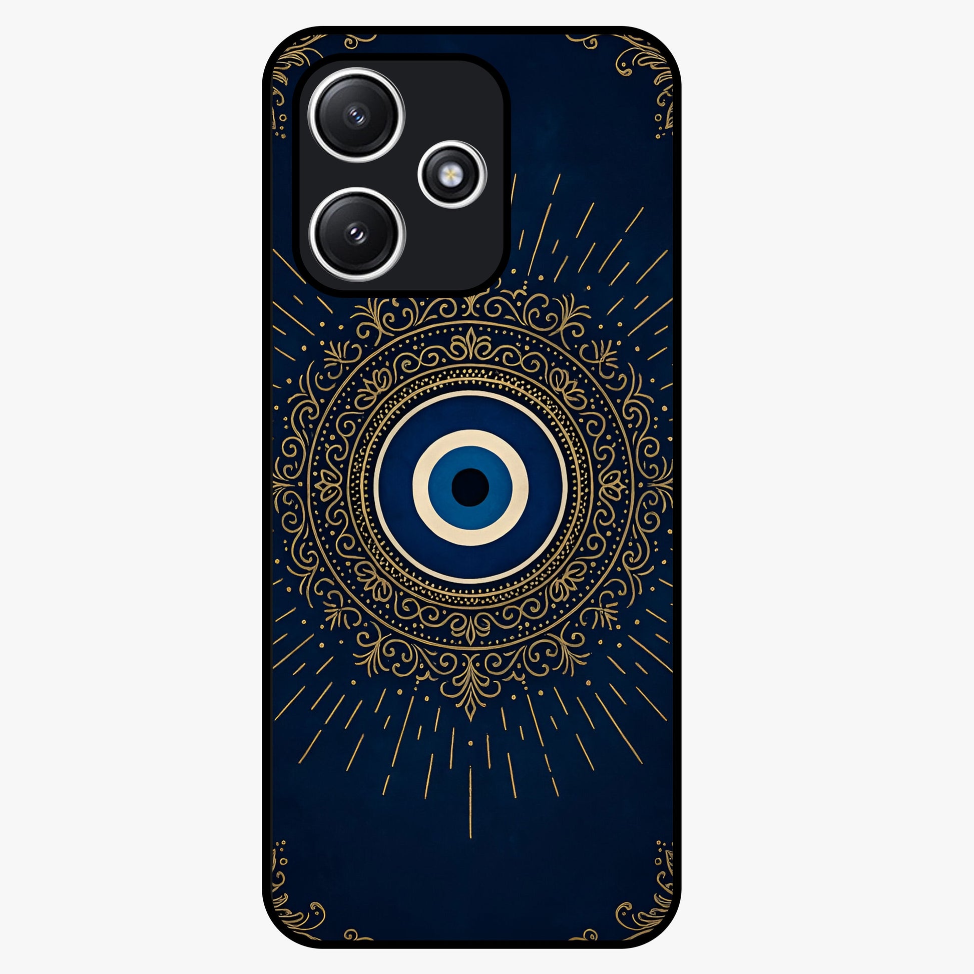 Golden Evil Eye Mandala Glass Case showing flat back view with intricate evil eye mandala artwork and glossy glass finish.
