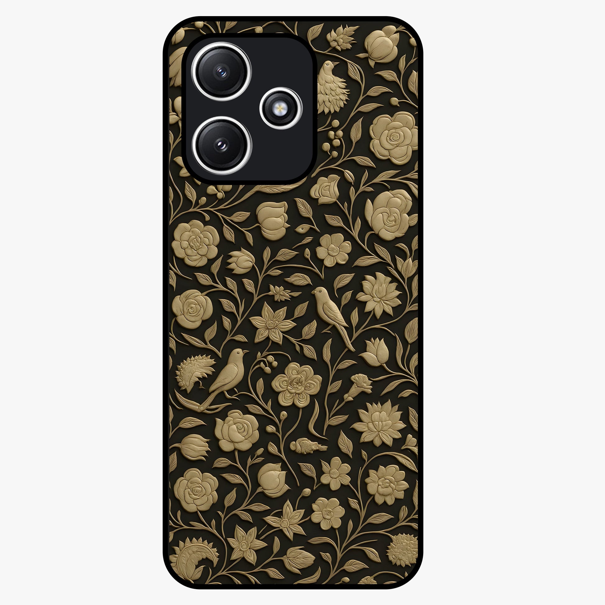 Golden Floral Majesty Glass Case showing flat back view with luxurious golden floral artwork and glossy glass finish.
