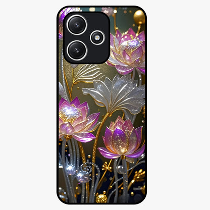 Golden Lotus Glow Glass Case showing flat back view with glowing lotus flower artwork and glossy glass finish.
