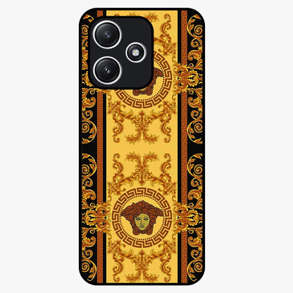 Golden Royal Heritage Glass Case showing flat back view with ornate royal pattern artwork and glossy glass finish.