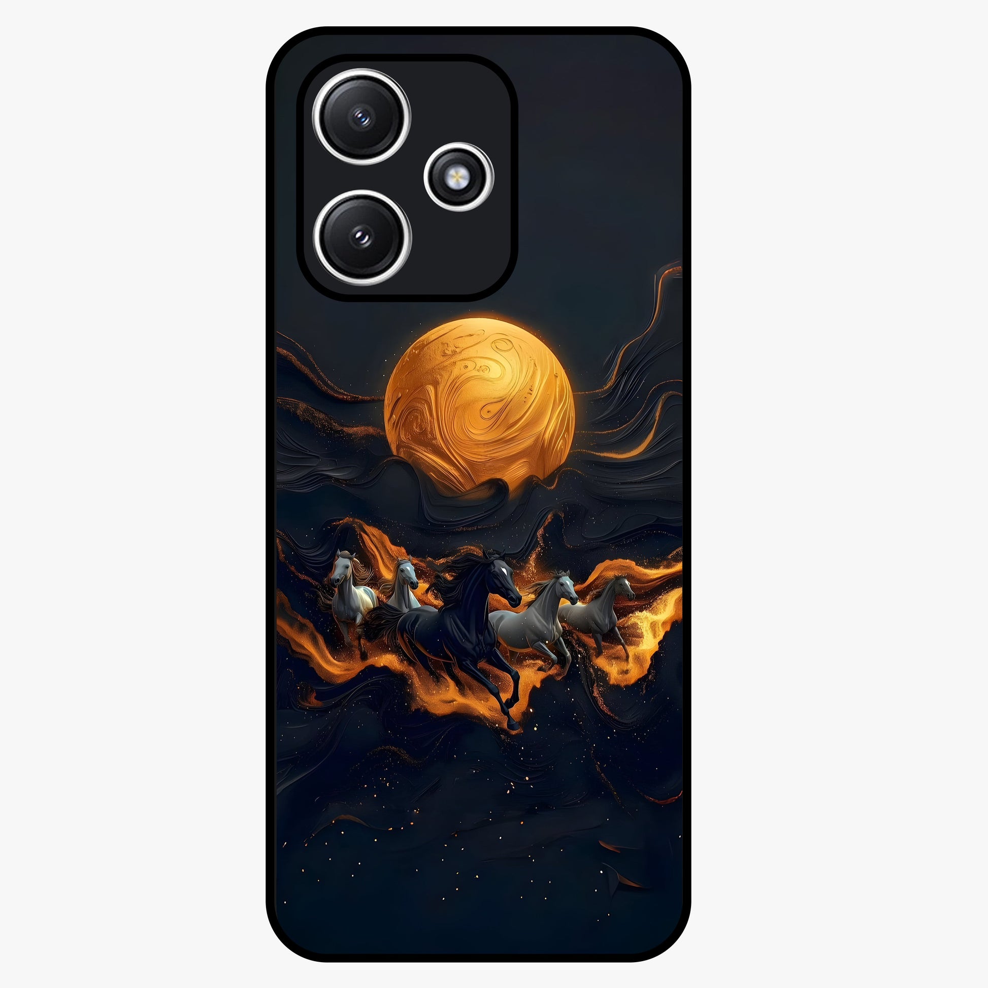 Golden Stallion Moonride Glass Case showing flat back view with majestic horse under moonlight artwork and glossy glass finish.