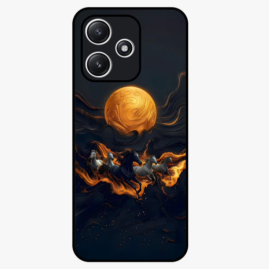Golden Stallion Moonride Glass Case showing flat back view with majestic horse under moonlight artwork and glossy glass finish.