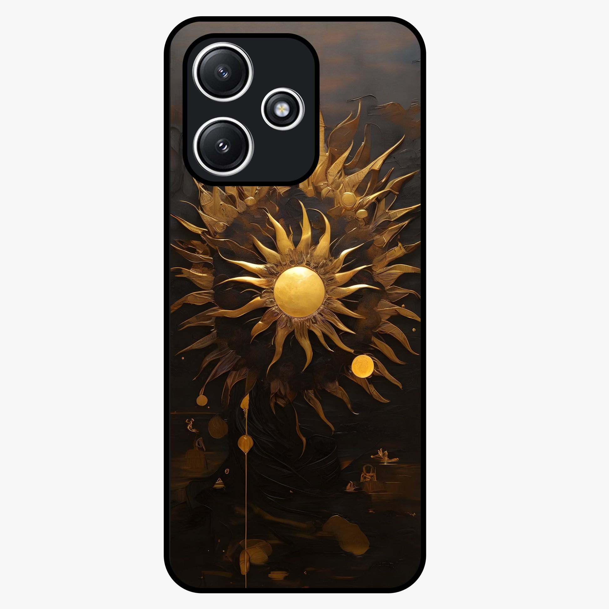 Golden Sun Majesty Glass Case showing flat back view with radiant golden sun artwork and glossy glass finish.