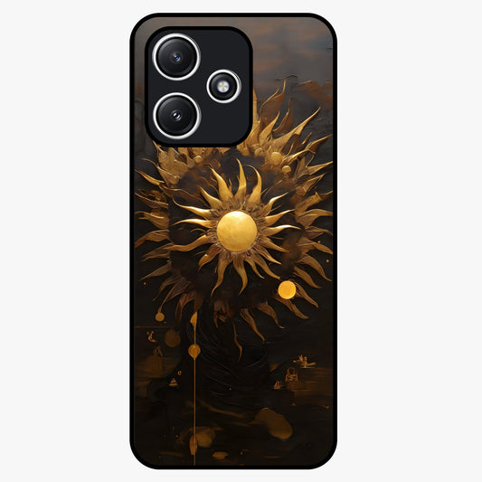 Golden Sun Majesty Glass Case showing flat back view with radiant golden sun artwork and glossy glass finish.