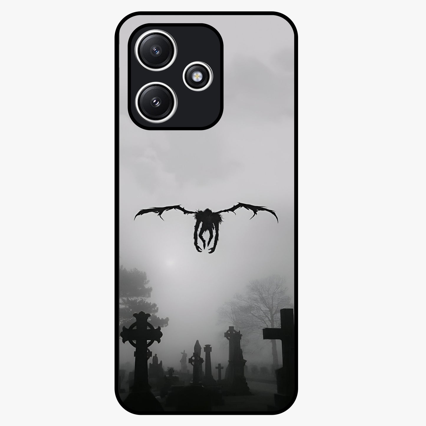 Graveyard Shadow Descent Glass Case showing flat back view with dark graveyard themed artwork and glossy glass finish.
