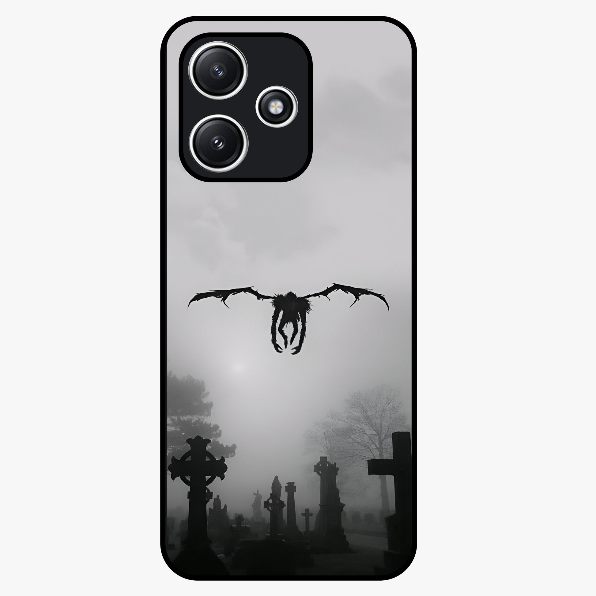 Graveyard Shadow Descent Glass Case showing flat back view with dark graveyard themed artwork and glossy glass finish.