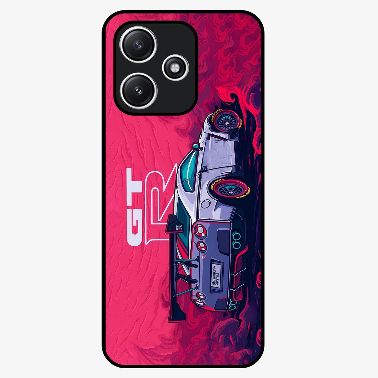 GT-R Car Pattern Glass Case showing flat back view with sporty car inspired pattern artwork and glossy glass finish.