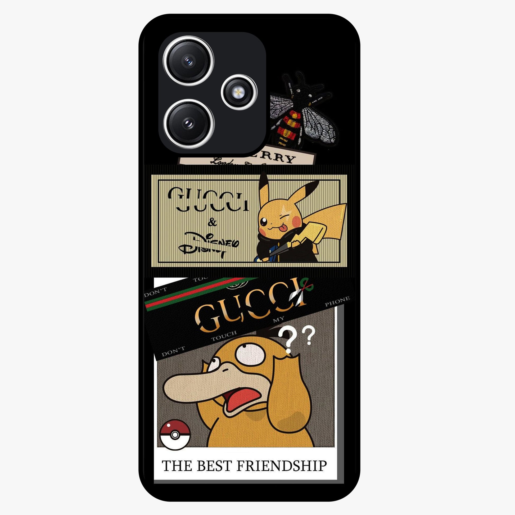 Gucci Play Mashup Glass Case showing flat back view with luxury inspired graphic artwork and glossy glass finish.