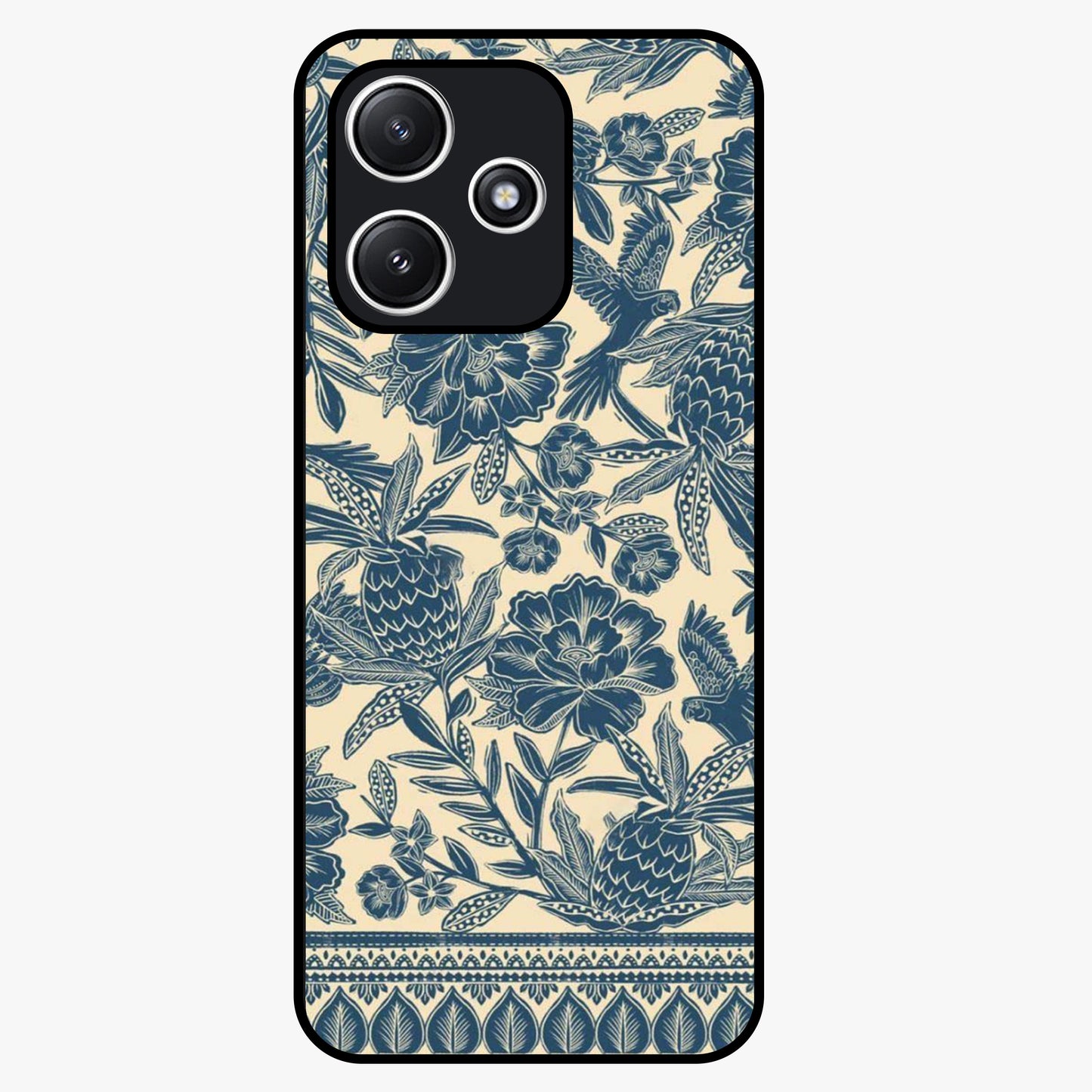 Heirloom Wild Bloom Glass Case showing flat back view with vintage inspired wild flower artwork and glossy glass finish.