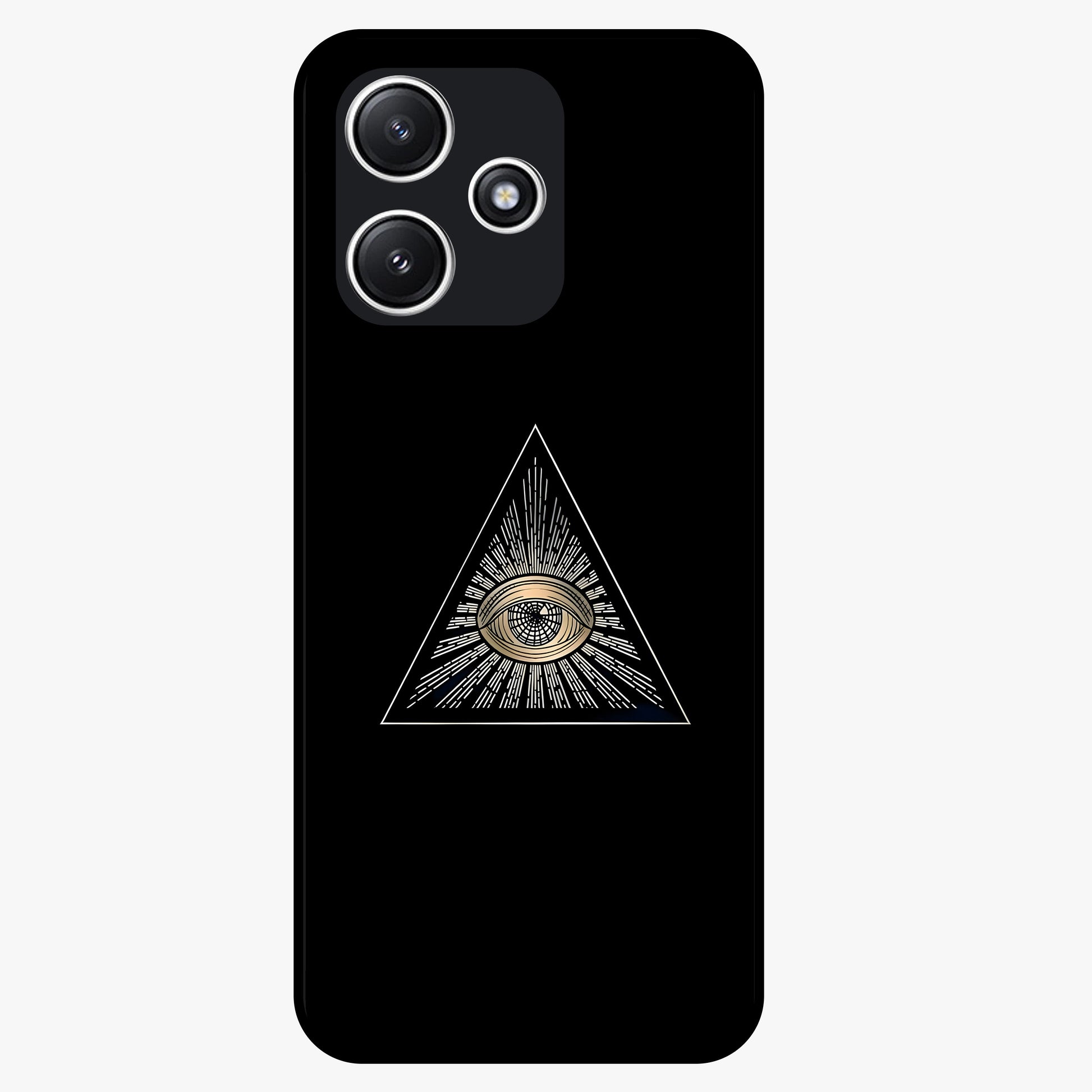Illuminati Evil Glass Case showing flat back view with mysterious illuminati symbol artwork and glossy glass finish.
