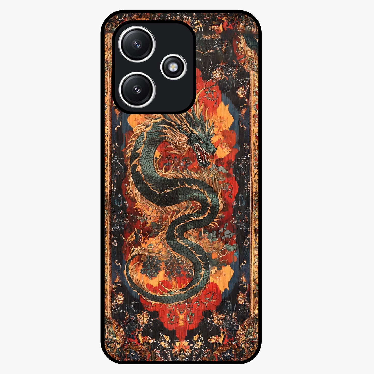 Inferno Dragon Soul Glass Case showing flat back view with fiery dragon artwork and glossy glass finish.