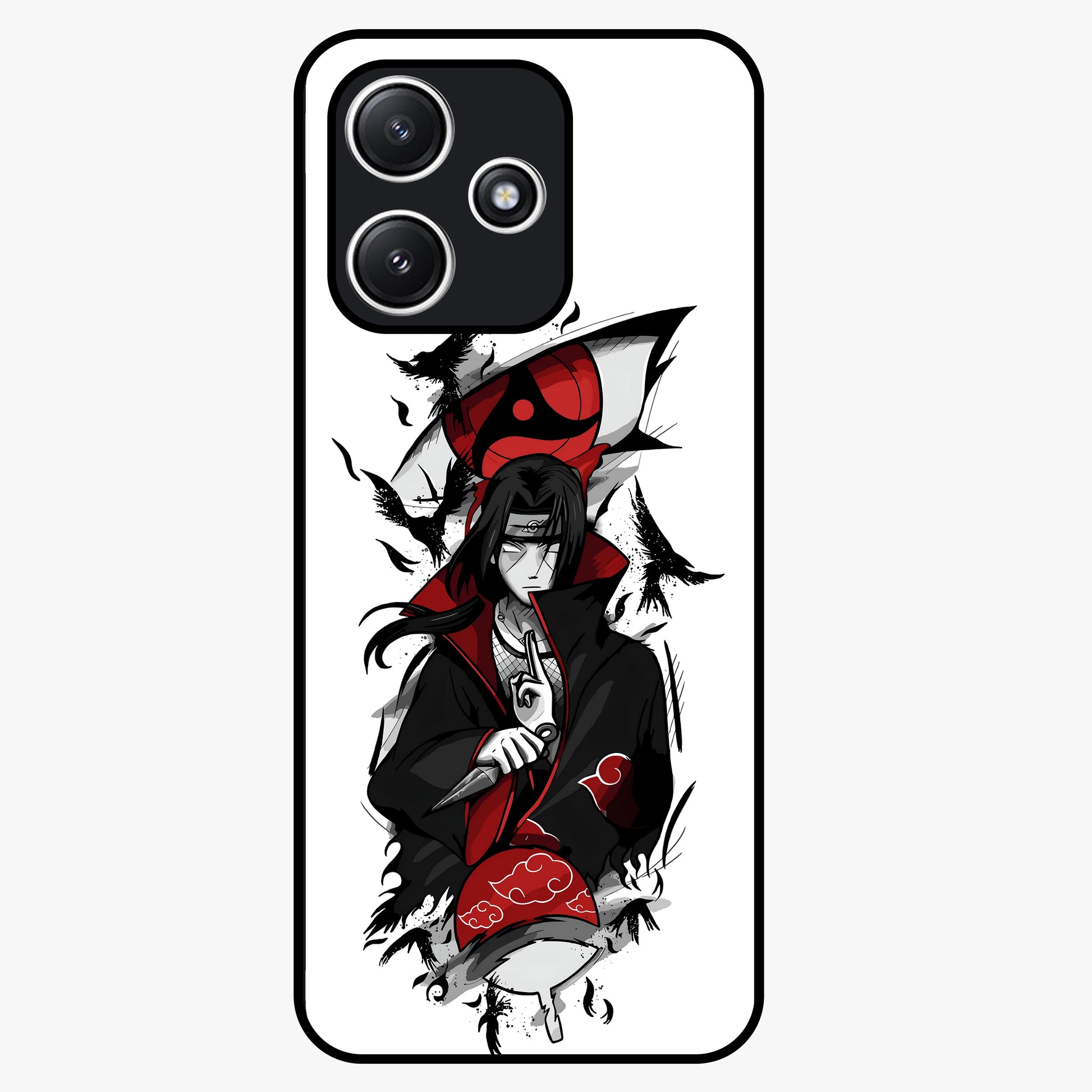 Itachi Sharingan Glass Case showing flat back view with powerful anime eye artwork and glossy glass finish.