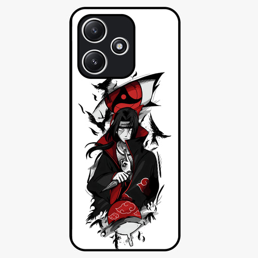Itachi Sharingan Glass Case showing flat back view with powerful anime eye artwork and glossy glass finish.