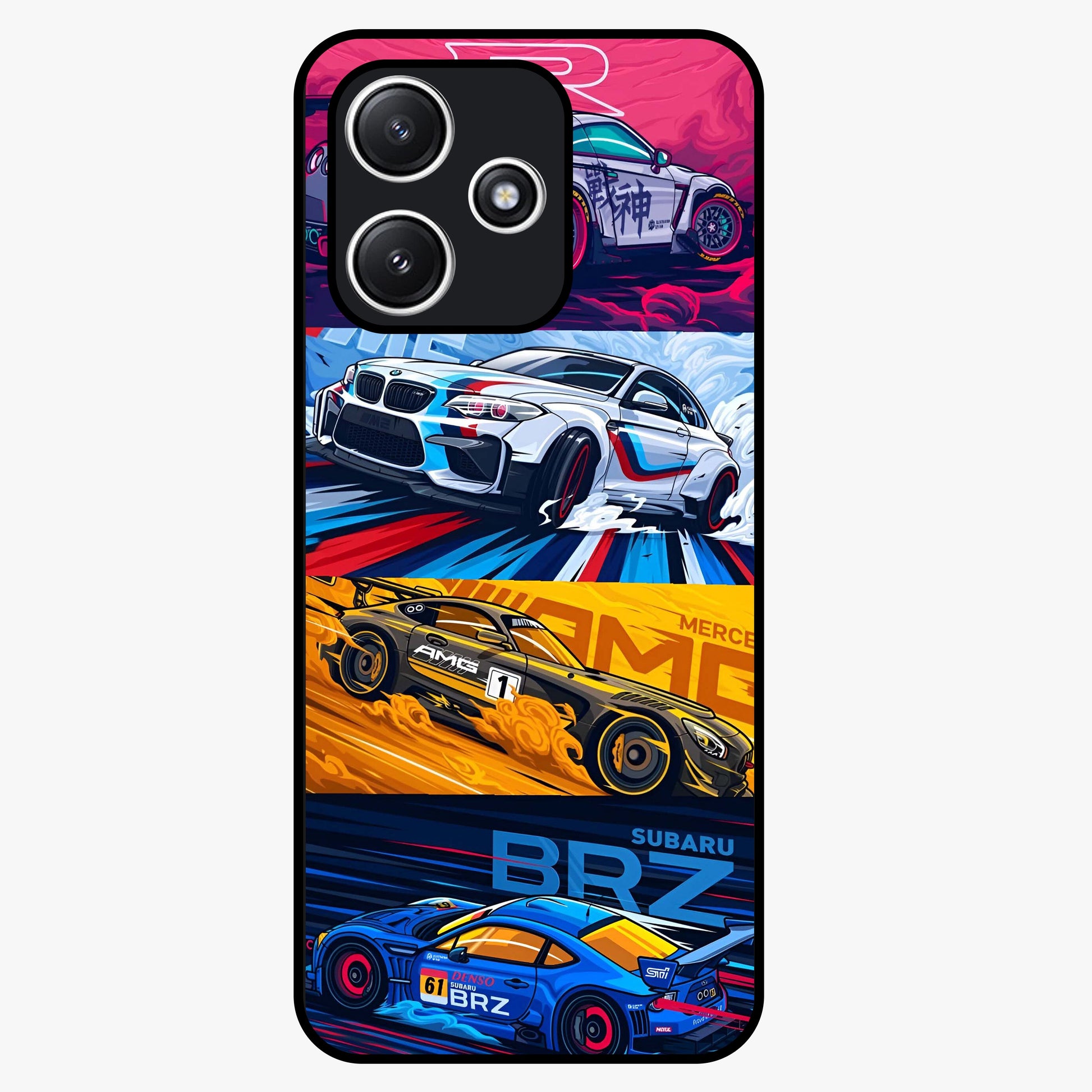 JDM Sports Car Glass Case showing flat back view with high performance sports car artwork and glossy glass finish.