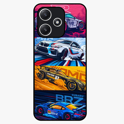 JDM Sports Car Glass Case showing flat back view with high performance sports car artwork and glossy glass finish.
