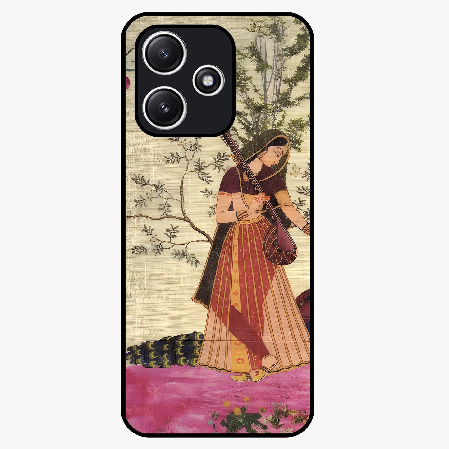 Lady With Veena Art Glass Case showing flat back view with elegant woman playing veena artwork and glossy glass finish.
