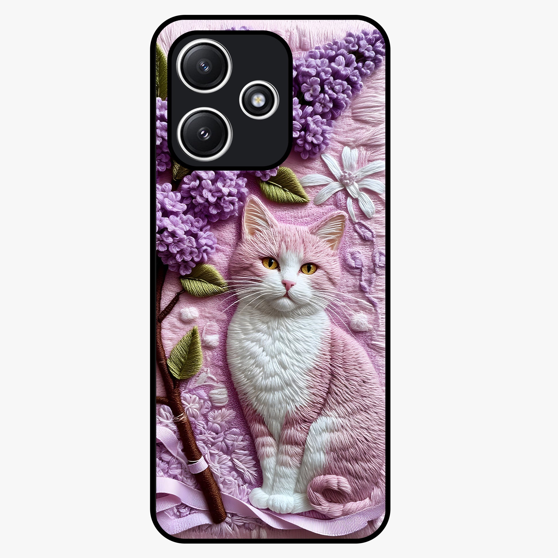 Lavender Cat Whimsy Glass Case showing flat back view with cute lavender cat artwork and glossy glass finish.