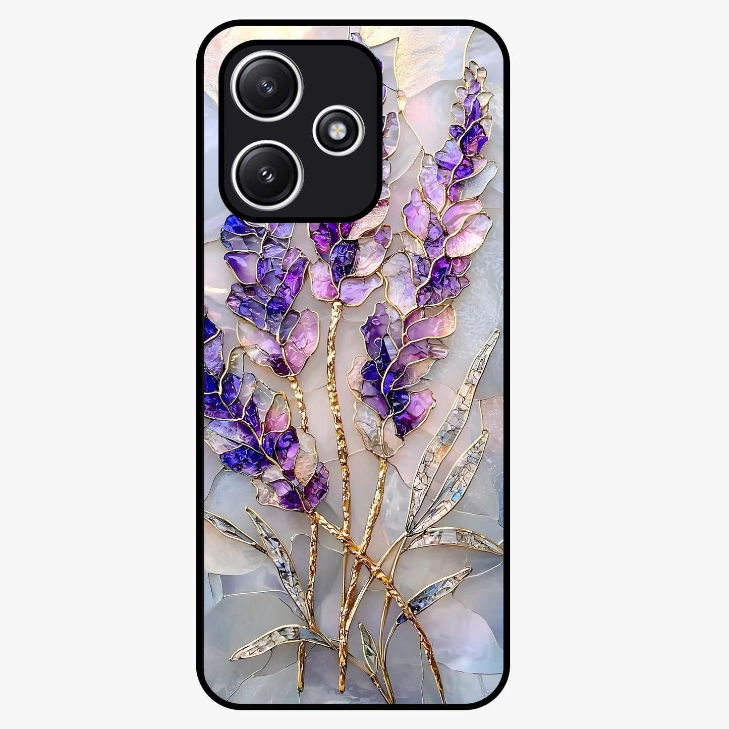 Lavender Dream Glow Glass Case showing flat back view with glowing lavender aesthetic artwork and glossy glass finish.