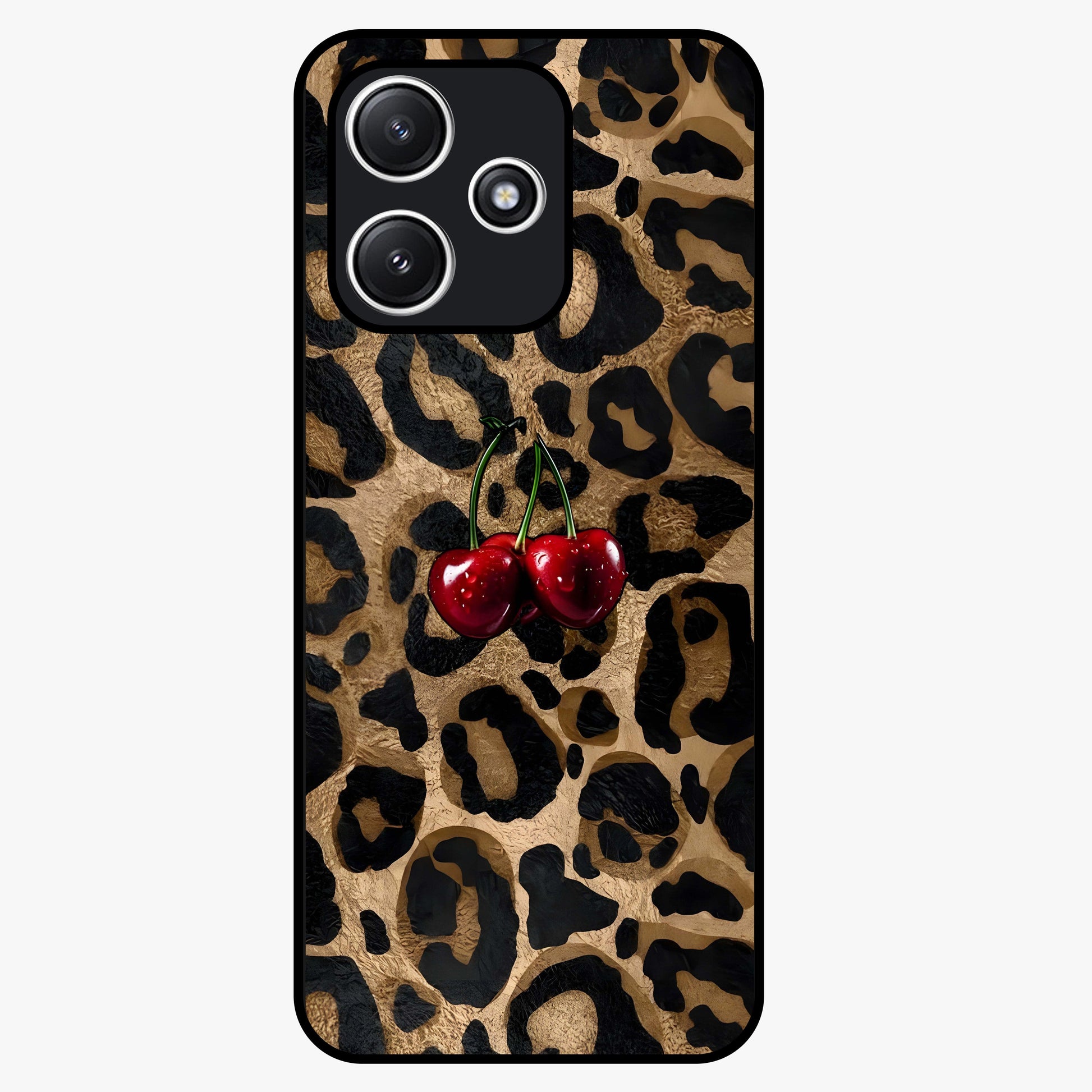 Leopard Wild Cherry Glass Case showing flat back view with leopard pattern and cherry artwork and glossy glass finish.