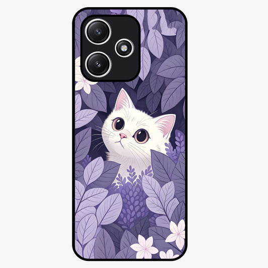 Lilac Hide Peek Cat Glass Case showing flat back view with cute peeking cat artwork and glossy glass finish.