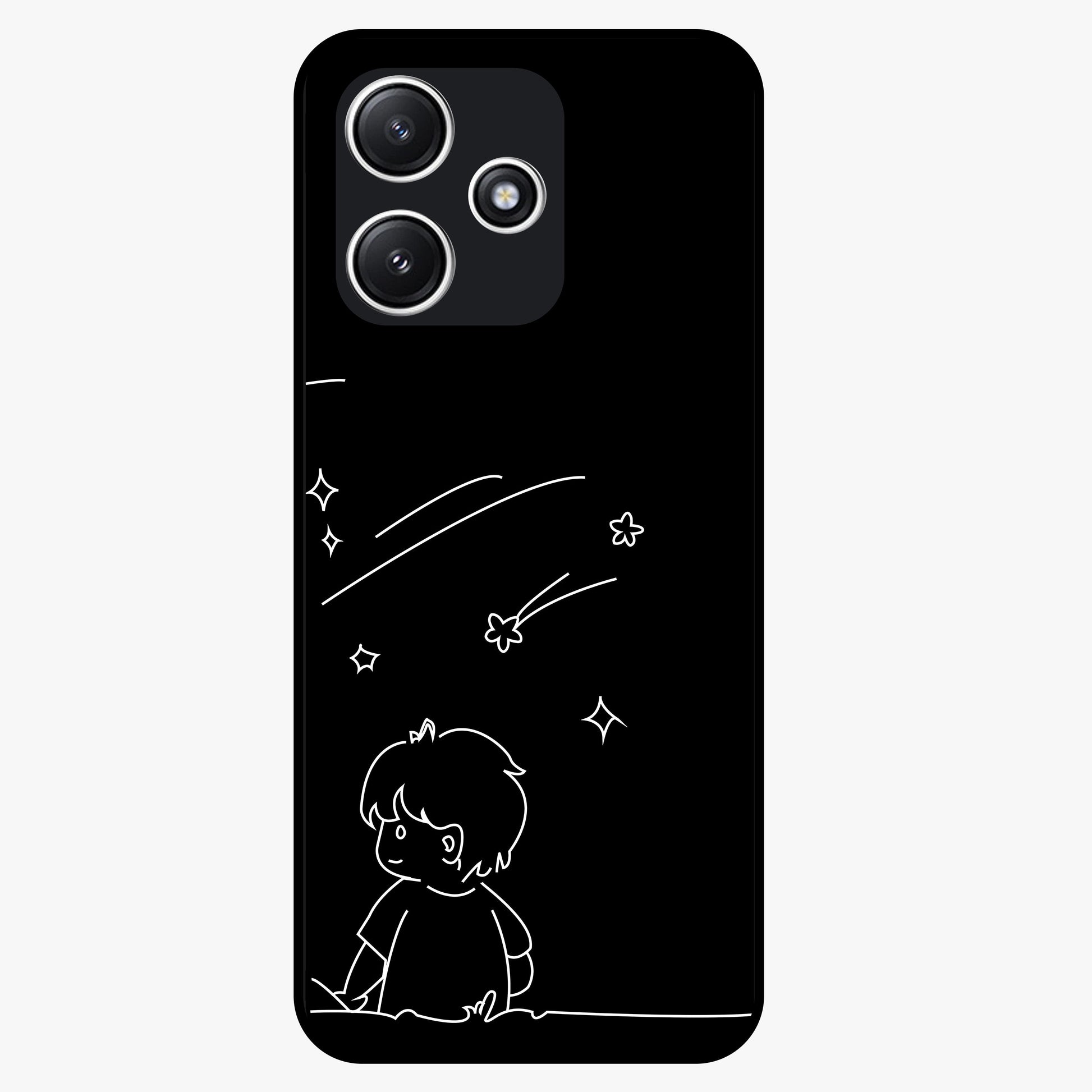 Line Art Boy With Shooting Stars Glass Case showing flat back view with minimal line art boy and shooting stars illustration and glossy glass finish.