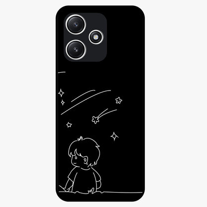 Line Art Boy With Shooting Stars Glass Case showing flat back view with minimal line art boy and shooting stars illustration and glossy glass finish.
