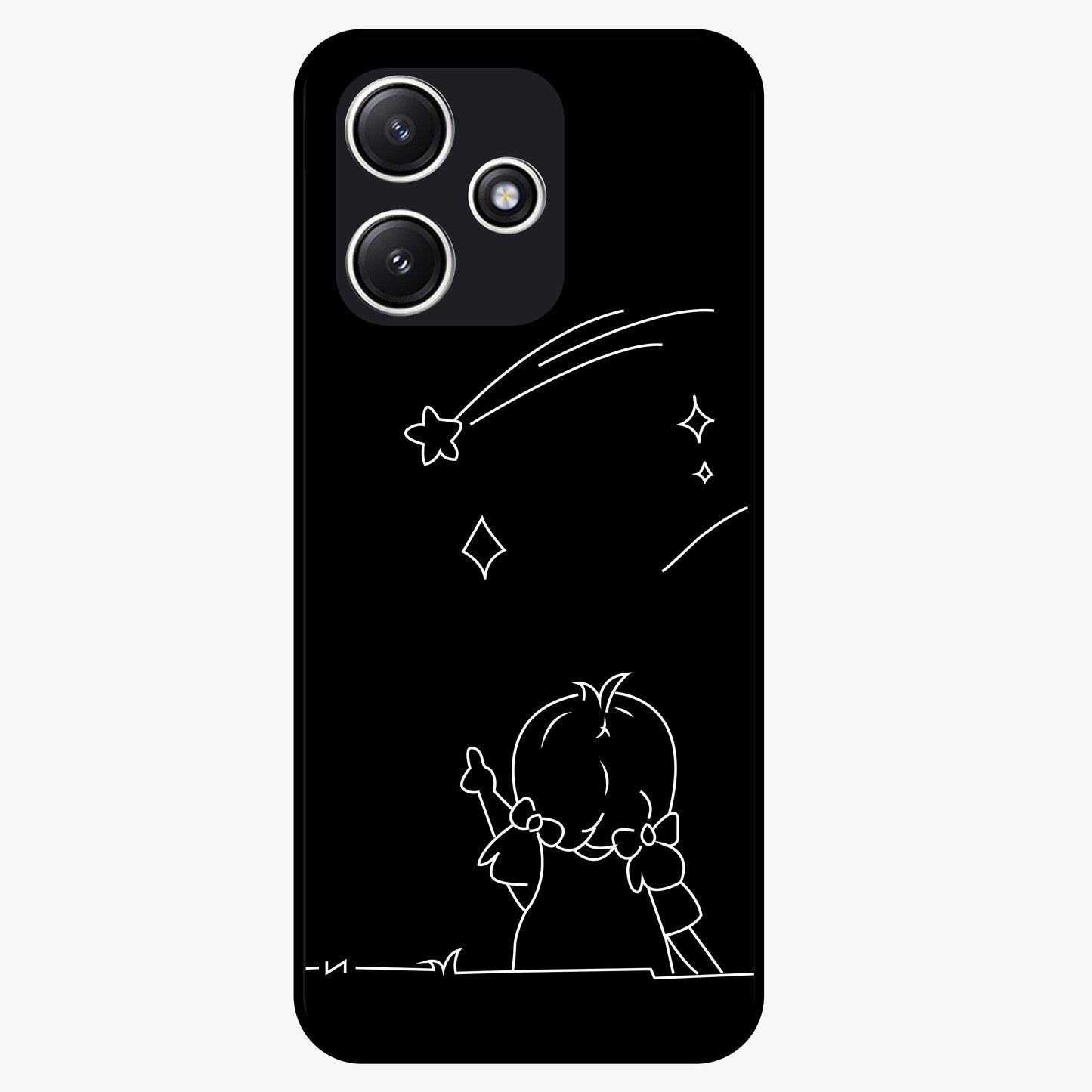 Line Art Girl With Shooting Stars Glass Case showing flat back view with minimal line art girl and shooting stars illustration and glossy glass finish.