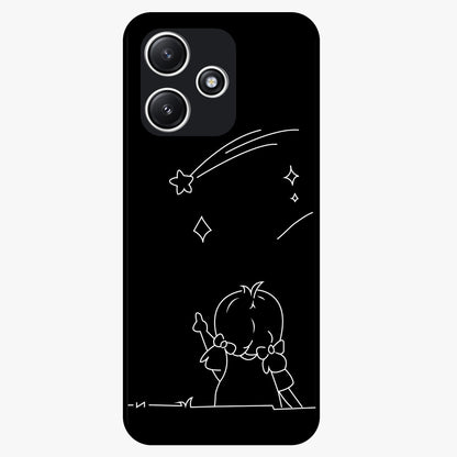 Line Art Girl With Shooting Stars Glass Case showing flat back view with minimal line art girl and shooting stars illustration and glossy glass finish.