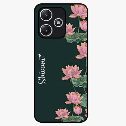 Lotus Bloom Serenity Custom Name Glass Case showing flat back view with elegant lotus flower artwork and personalized name design.