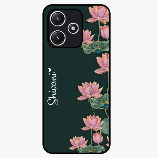 Lotus Bloom Serenity Custom Name Glass Case showing flat back view with elegant lotus flower artwork and personalized name design.