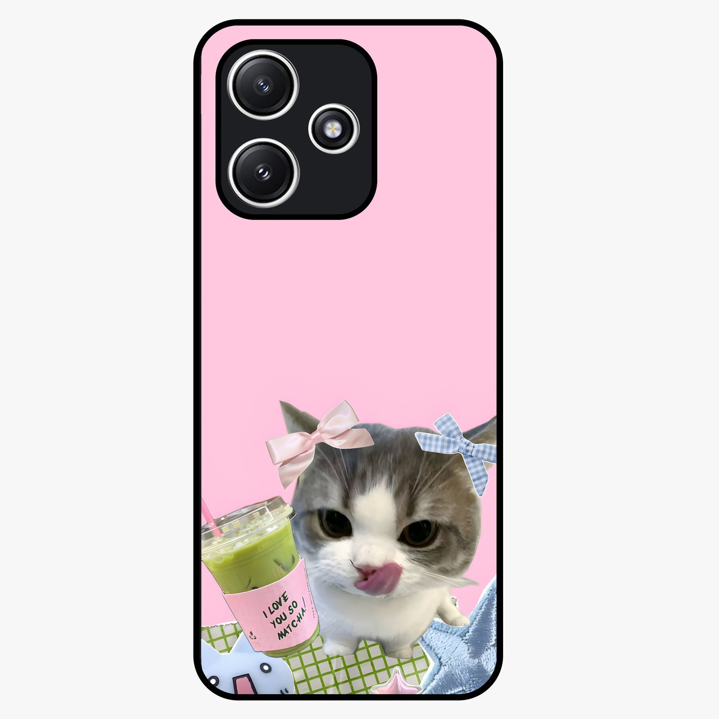 Love Matcha Cat Glass Case showing flat back view with cute cat and matcha themed artwork and glossy glass finish.