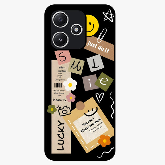 Lucky Aesthetic Collage Glass Case showing flat back view with trendy aesthetic collage artwork and glossy glass finish.