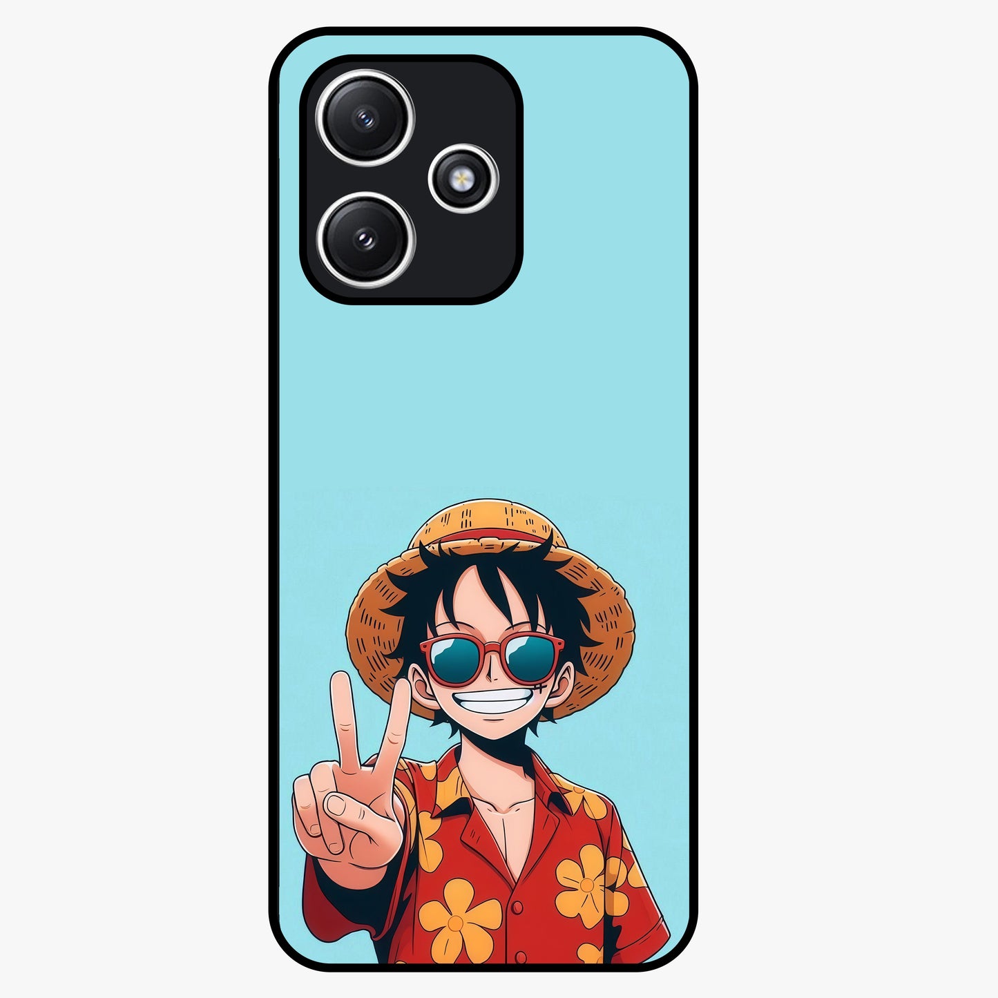 Luffy Summer Anime Vibe Glass Case showing flat back view with vibrant anime character artwork and glossy glass finish.