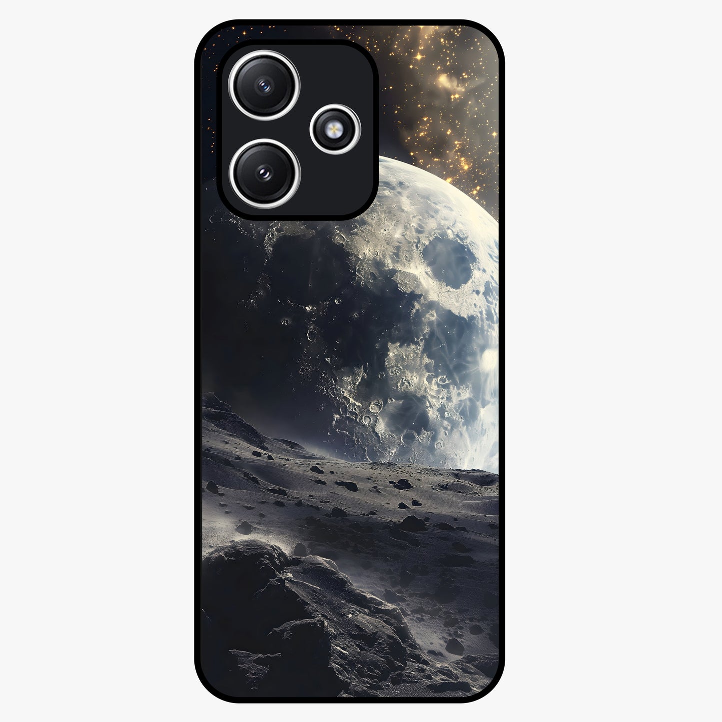 Lunar Horizon Glow Glass Case showing flat back view with glowing moon horizon artwork and glossy glass finish.