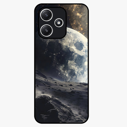 Lunar Horizon Glow Glass Case showing flat back view with glowing moon horizon artwork and glossy glass finish.