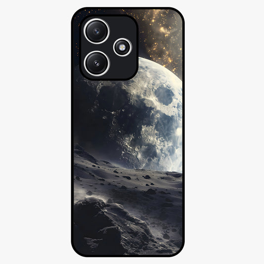 Lunar Horizon Glow Glass Case showing flat back view with glowing moon horizon artwork and glossy glass finish.