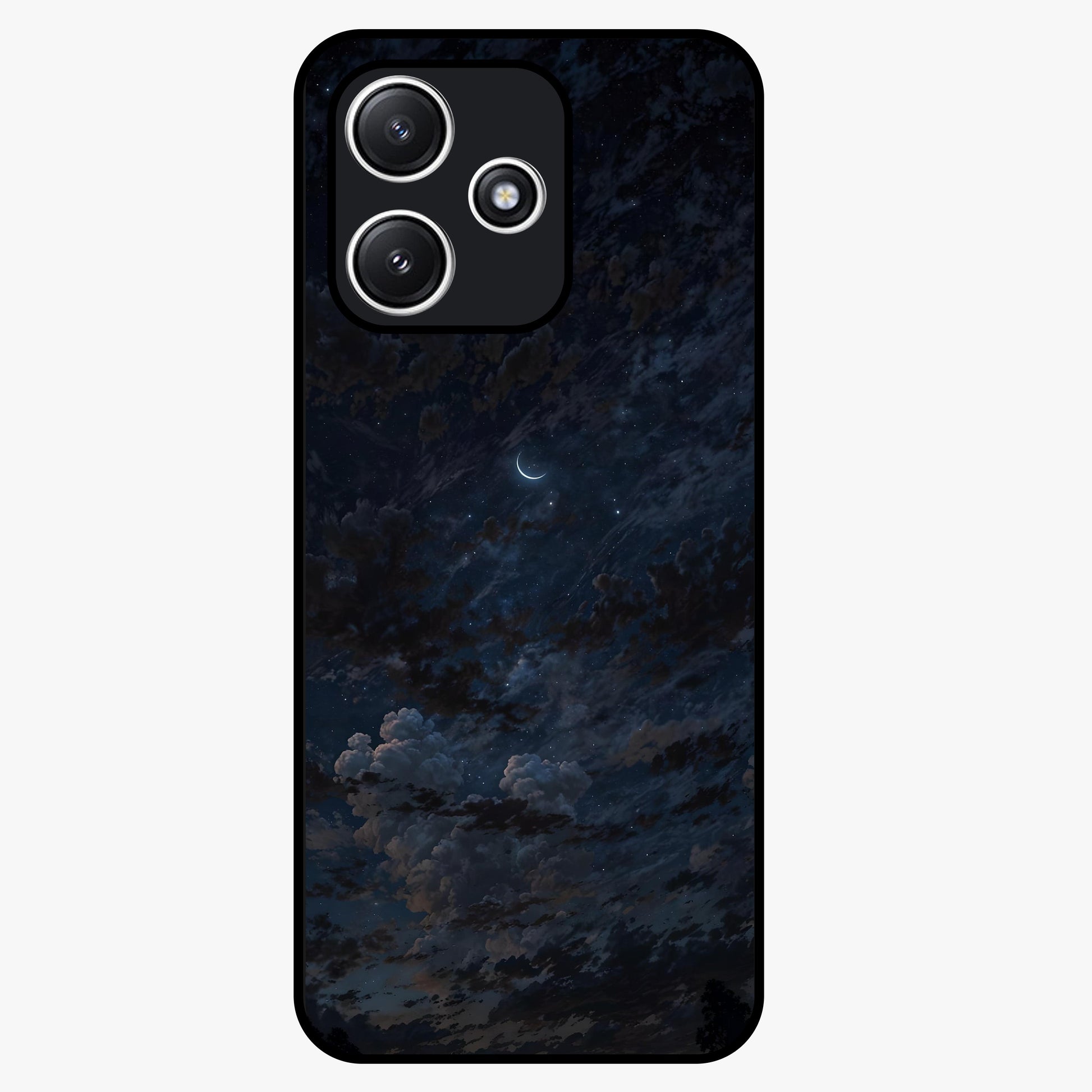 Lunar Veil Silence Glass Case showing flat back view with mystical moon veil artwork and glossy glass finish.