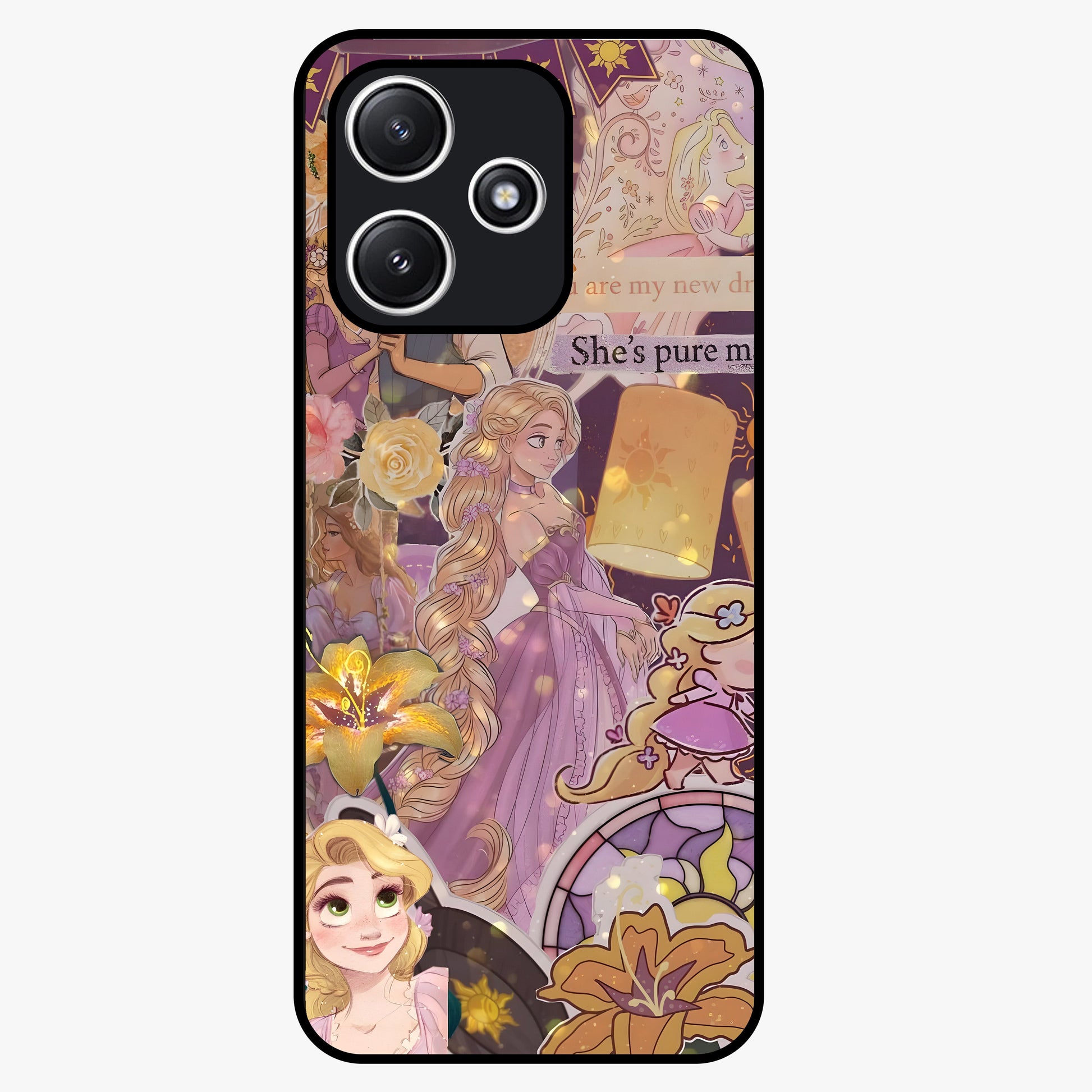 Magical Tangled Dream Glass Case showing flat back view with dreamy tangled artwork and glossy glass finish.