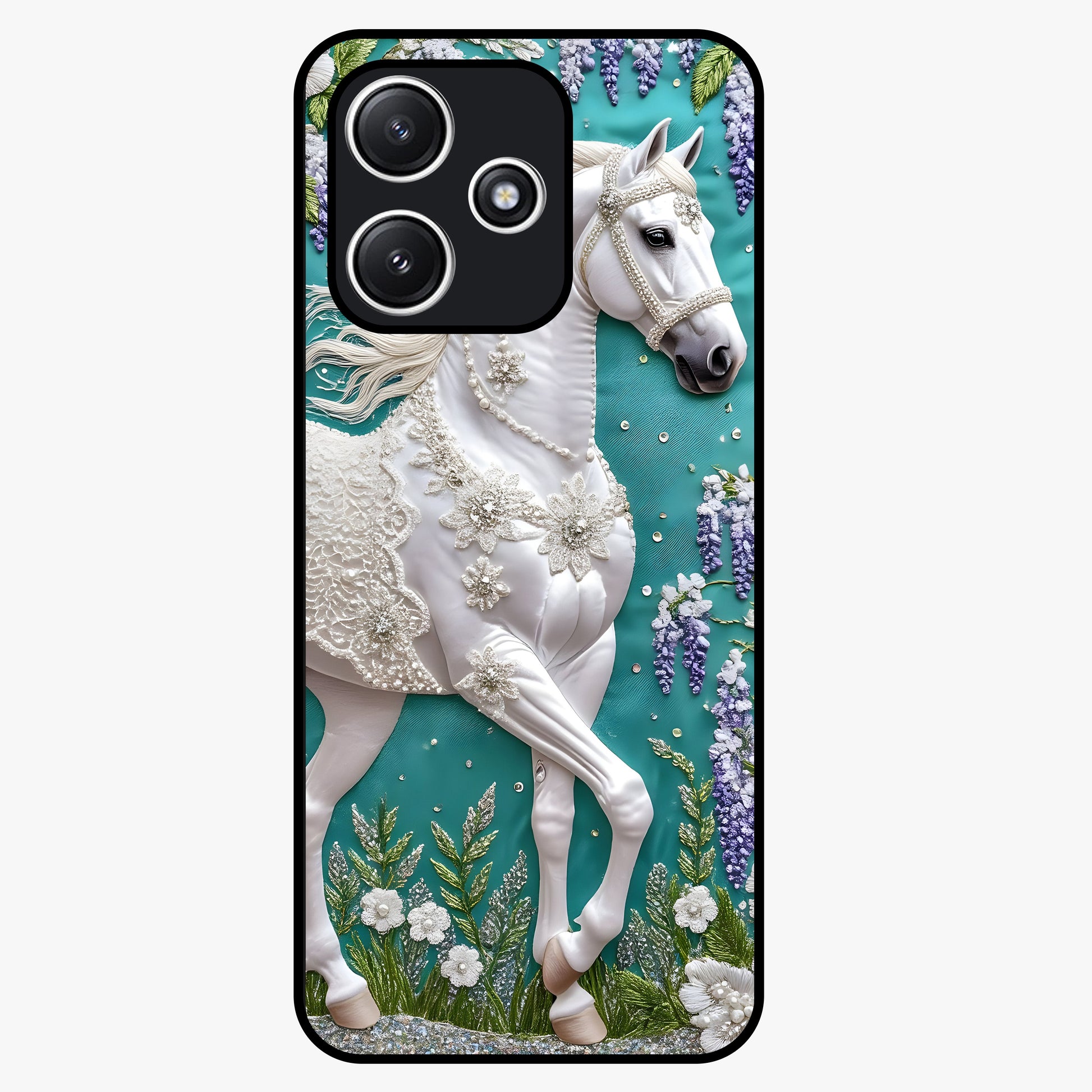 Majestic Floral Stallion Glass Case showing flat back view with powerful horse and floral artwork and glossy glass finish.
