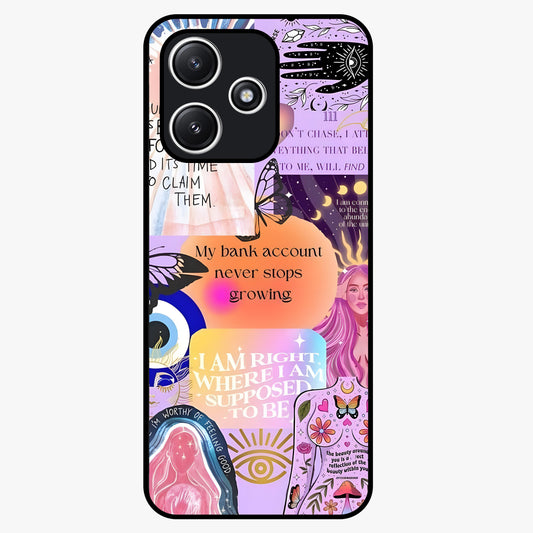 Manifestation Collage Glass Case showing flat back view with motivational collage artwork and glossy glass finish.