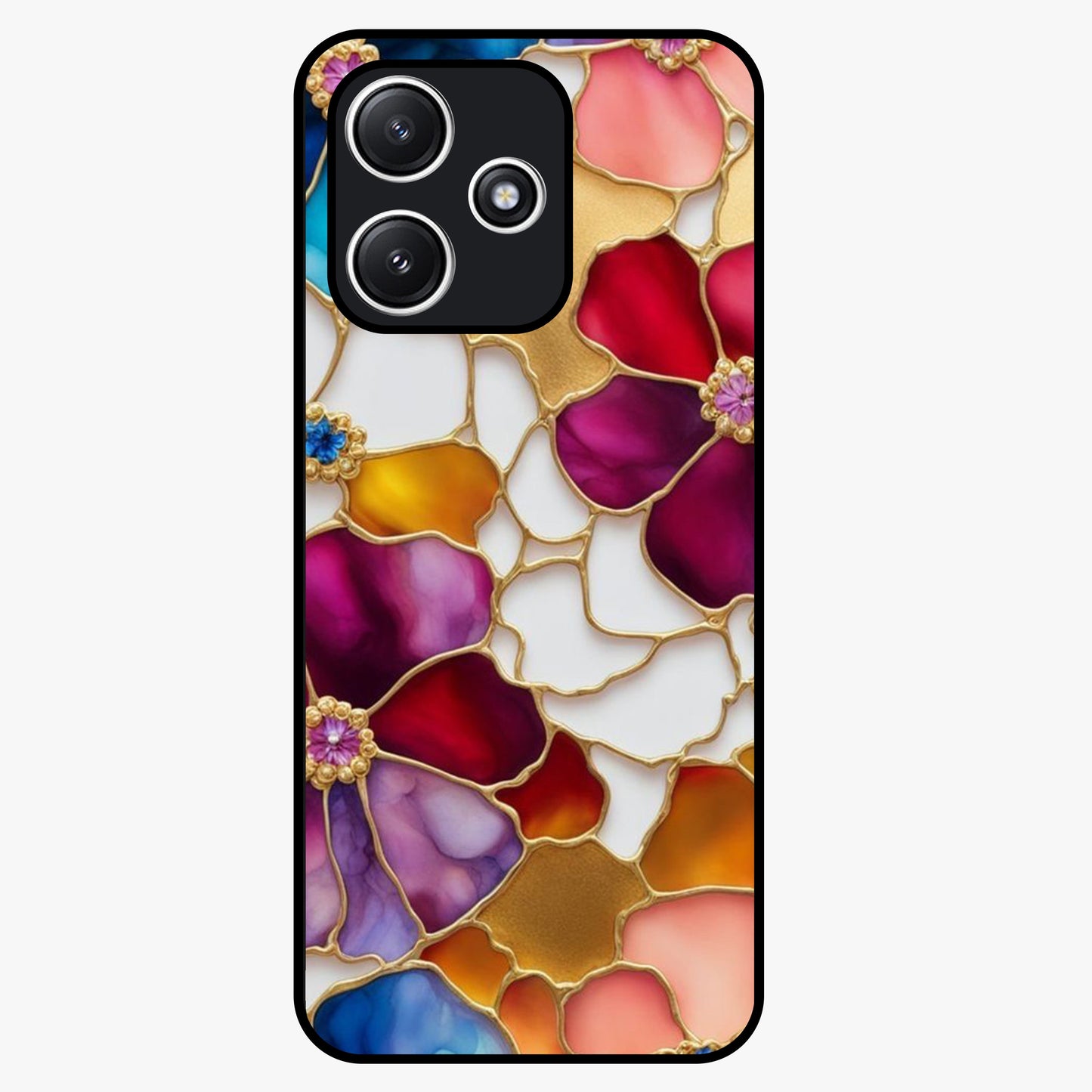 Marble Flower Pattern Glass Case showing flat back view with marble texture floral artwork and glossy glass finish.