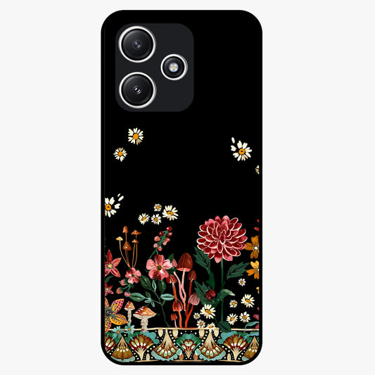 Midnight Bloom Pattern Glass Case showing flat back view with dark floral pattern artwork and glossy glass finish.